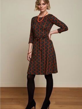 King Louie Betty Noushh Day Dress Green & Rust Patterned Fit-and-Flare